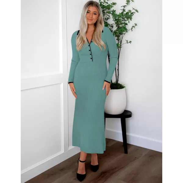 imageZESICA Womens Long Sleeve Sweater Dress 2024 Fall V Neck Ribbed Knit Casual Formal Cocktail Bodycon Maxi DressesLight Green