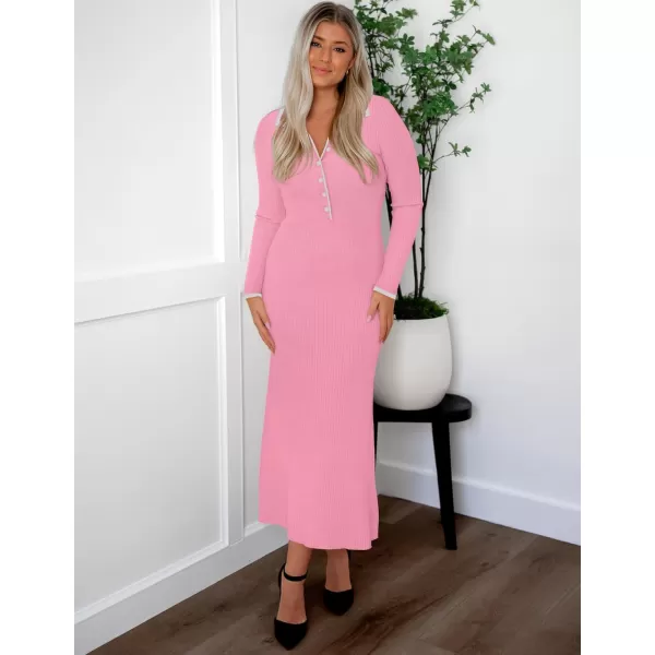 imageZESICA Womens Long Sleeve Sweater Dress 2024 Fall V Neck Ribbed Knit Casual Formal Cocktail Bodycon Maxi DressesPink