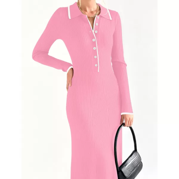 imageZESICA Womens Long Sleeve Sweater Dress 2024 Fall V Neck Ribbed Knit Casual Formal Cocktail Bodycon Maxi DressesPink