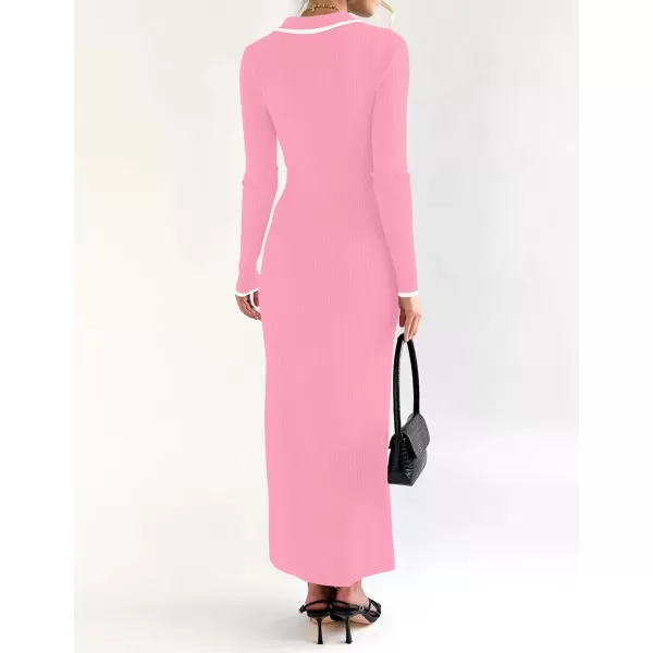 imageZESICA Womens Long Sleeve Sweater Dress 2024 Fall V Neck Ribbed Knit Casual Formal Cocktail Bodycon Maxi DressesPink