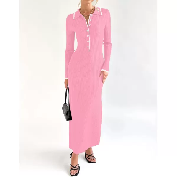 imageZESICA Womens Long Sleeve Sweater Dress 2024 Fall V Neck Ribbed Knit Casual Formal Cocktail Bodycon Maxi DressesPink