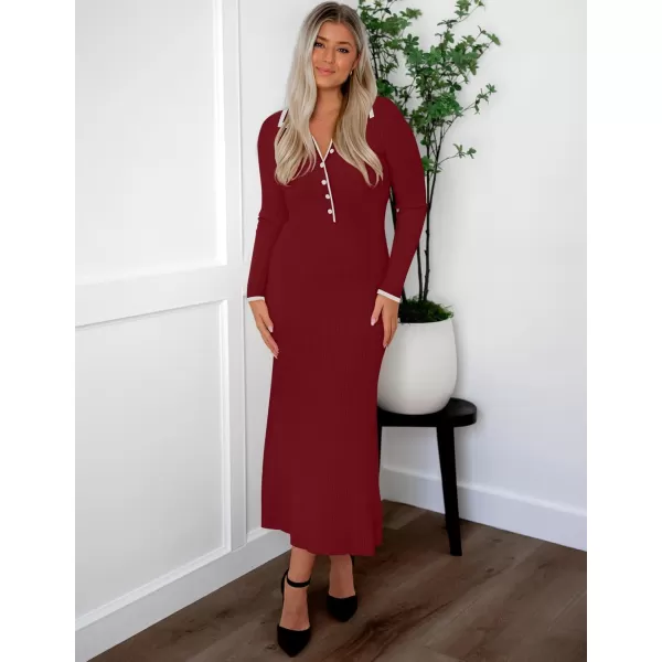 imageZESICA Womens Long Sleeve Sweater Dress 2024 Fall V Neck Ribbed Knit Casual Formal Cocktail Bodycon Maxi DressesRed
