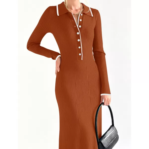 imageZESICA Womens Long Sleeve Sweater Dress 2024 Fall V Neck Ribbed Knit Casual Formal Cocktail Bodycon Maxi DressesRust