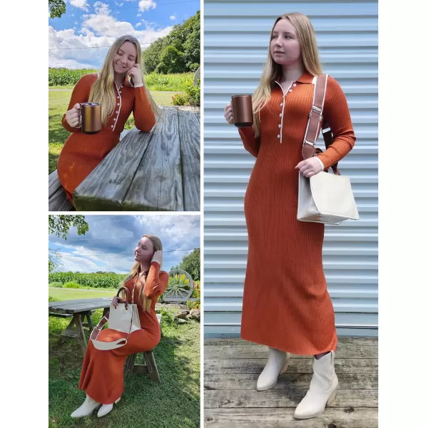 imageZESICA Womens Long Sleeve Sweater Dress 2024 Fall V Neck Ribbed Knit Casual Formal Cocktail Bodycon Maxi DressesRust