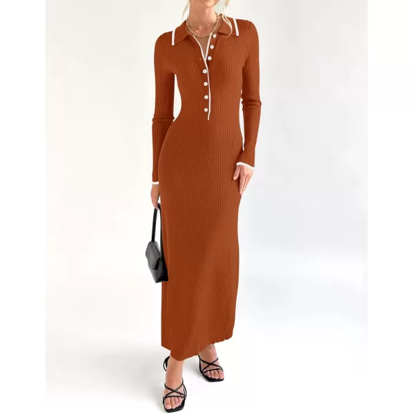 imageZESICA Womens Long Sleeve Sweater Dress 2024 Fall V Neck Ribbed Knit Casual Formal Cocktail Bodycon Maxi DressesRust