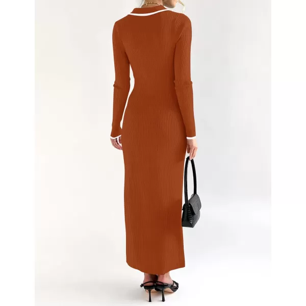 imageZESICA Womens Long Sleeve Sweater Dress 2024 Fall V Neck Ribbed Knit Casual Formal Cocktail Bodycon Maxi DressesRust