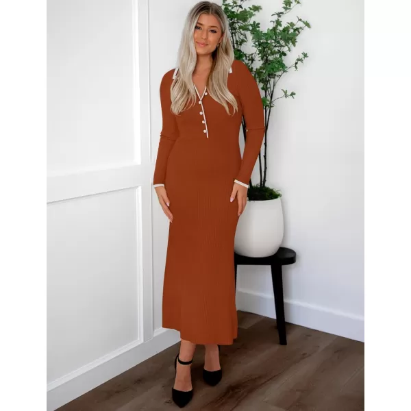 imageZESICA Womens Long Sleeve Sweater Dress 2024 Fall V Neck Ribbed Knit Casual Formal Cocktail Bodycon Maxi DressesRust