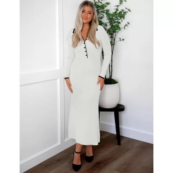 imageZESICA Womens Long Sleeve Sweater Dress 2024 Fall V Neck Ribbed Knit Casual Formal Cocktail Bodycon Maxi DressesWhite