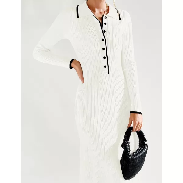 imageZESICA Womens Long Sleeve Sweater Dress 2024 Fall V Neck Ribbed Knit Casual Formal Cocktail Bodycon Maxi DressesWhite
