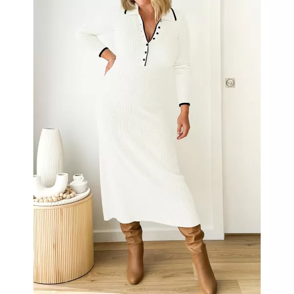 imageZESICA Womens Long Sleeve Sweater Dress 2024 Fall V Neck Ribbed Knit Casual Formal Cocktail Bodycon Maxi DressesWhite