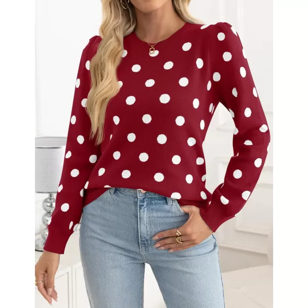imageZESICA Womens Long Sleeve Sweaters 2024 Fall Crewneck Polka Dots Ribbed Knit Casual Soft Pullover Sweater TopsRed