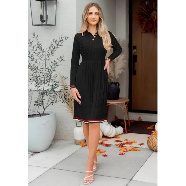 imageZESICA Womens Midi Sweater Dress 2024 Fall Long Sleeve Cable Ribbed Knit A Line Swing Pleated DressesBlack