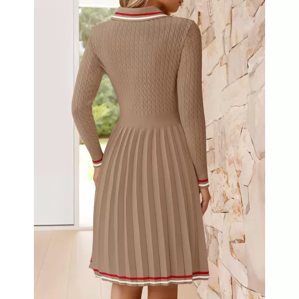 imageZESICA Womens Midi Sweater Dress 2024 Fall Long Sleeve Cable Ribbed Knit A Line Swing Pleated DressesKhaki