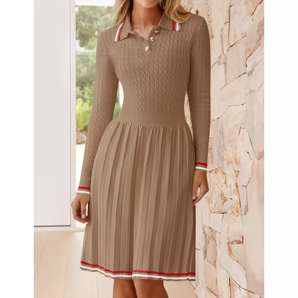 imageZESICA Womens Midi Sweater Dress 2024 Fall Long Sleeve Cable Ribbed Knit A Line Swing Pleated DressesKhaki