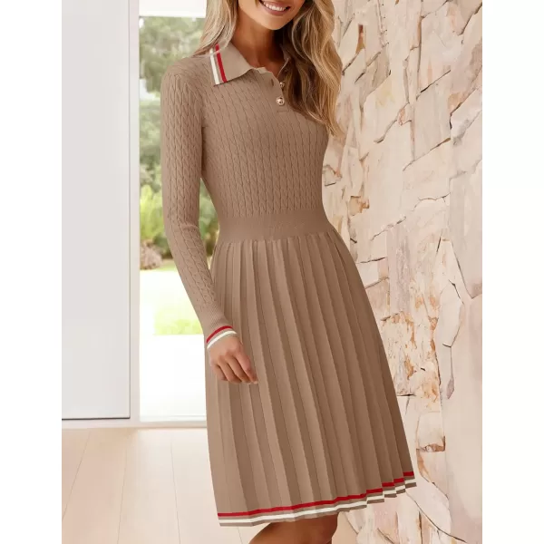 imageZESICA Womens Midi Sweater Dress 2024 Fall Long Sleeve Cable Ribbed Knit A Line Swing Pleated DressesKhaki