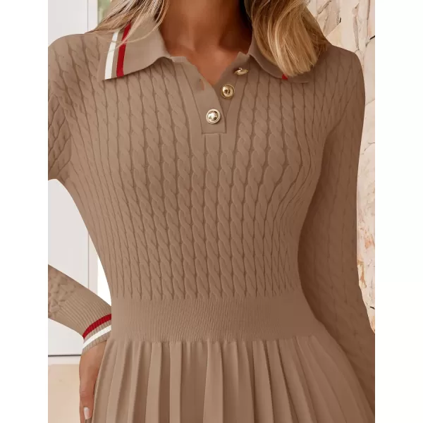 imageZESICA Womens Midi Sweater Dress 2024 Fall Long Sleeve Cable Ribbed Knit A Line Swing Pleated DressesKhaki