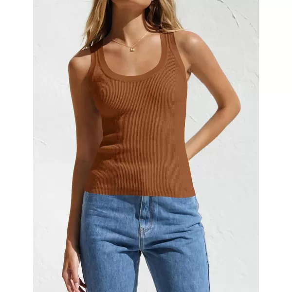 imageZESICA Womens Sleeveless Tank Tops Summer Scoop Neck Ribbed Knit Slim Fitted Casual Basic Tee ShirtsBrown
