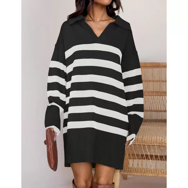 imageZESICA Womens Striped Sweater Dress 2024 Fall Long Sleeve V Neck Collar Loose Knit Mini DressesBlack