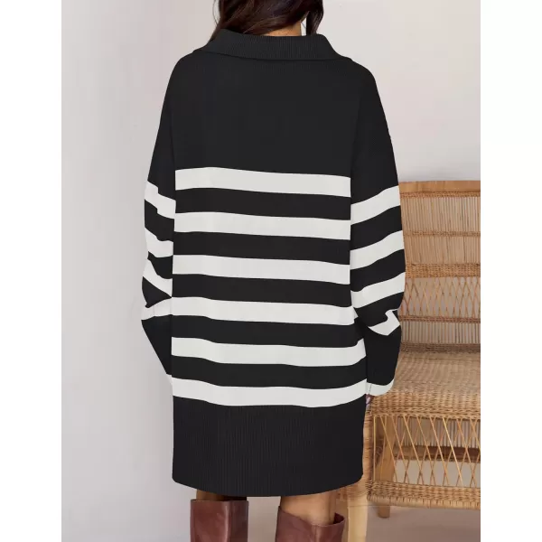 imageZESICA Womens Striped Sweater Dress 2024 Fall Long Sleeve V Neck Collar Loose Knit Mini DressesBlack