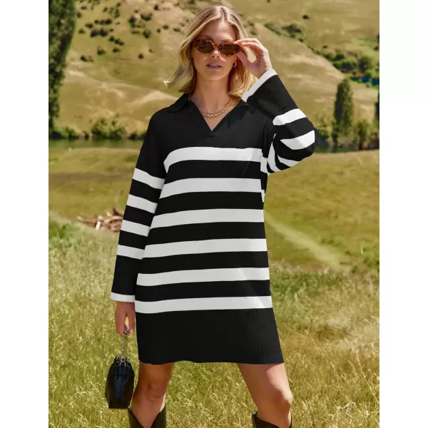 imageZESICA Womens Striped Sweater Dress 2024 Fall Long Sleeve V Neck Collar Loose Knit Mini DressesBlack