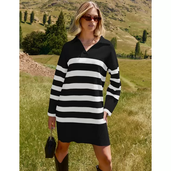 imageZESICA Womens Striped Sweater Dress 2024 Fall Long Sleeve V Neck Collar Loose Knit Mini DressesBlack
