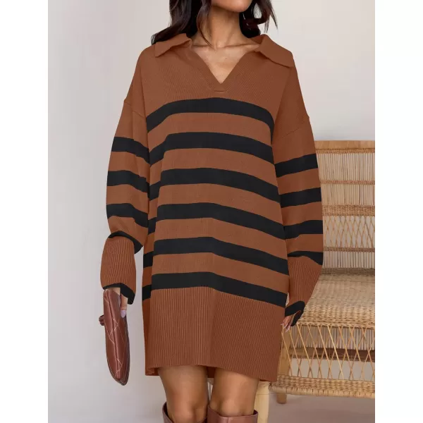 imageZESICA Womens Striped Sweater Dress 2024 Fall Long Sleeve V Neck Collar Loose Knit Mini DressesCaramel