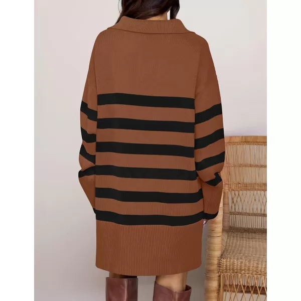 imageZESICA Womens Striped Sweater Dress 2024 Fall Long Sleeve V Neck Collar Loose Knit Mini DressesCaramel