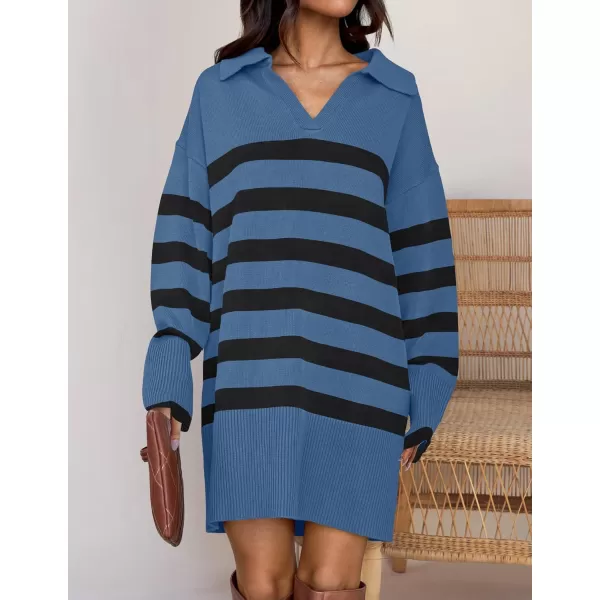 imageZESICA Womens Striped Sweater Dress 2024 Fall Long Sleeve V Neck Collar Loose Knit Mini DressesDusty Blue