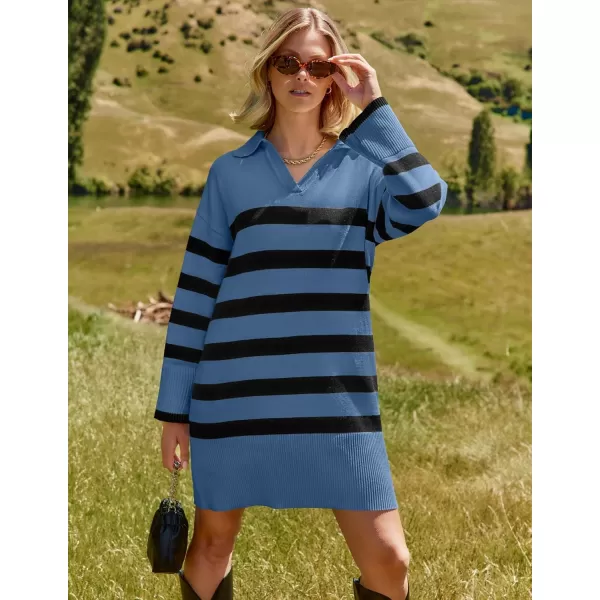 imageZESICA Womens Striped Sweater Dress 2024 Fall Long Sleeve V Neck Collar Loose Knit Mini DressesDusty Blue