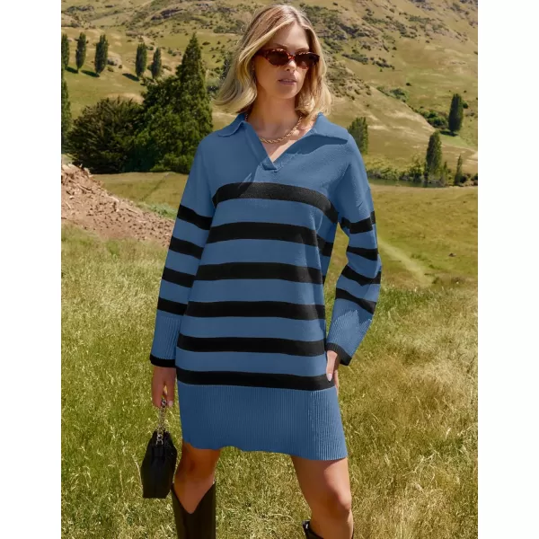 imageZESICA Womens Striped Sweater Dress 2024 Fall Long Sleeve V Neck Collar Loose Knit Mini DressesDusty Blue