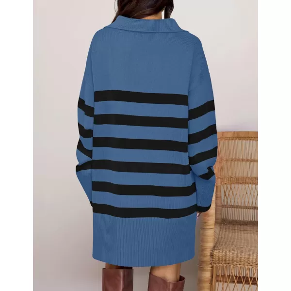 imageZESICA Womens Striped Sweater Dress 2024 Fall Long Sleeve V Neck Collar Loose Knit Mini DressesDusty Blue