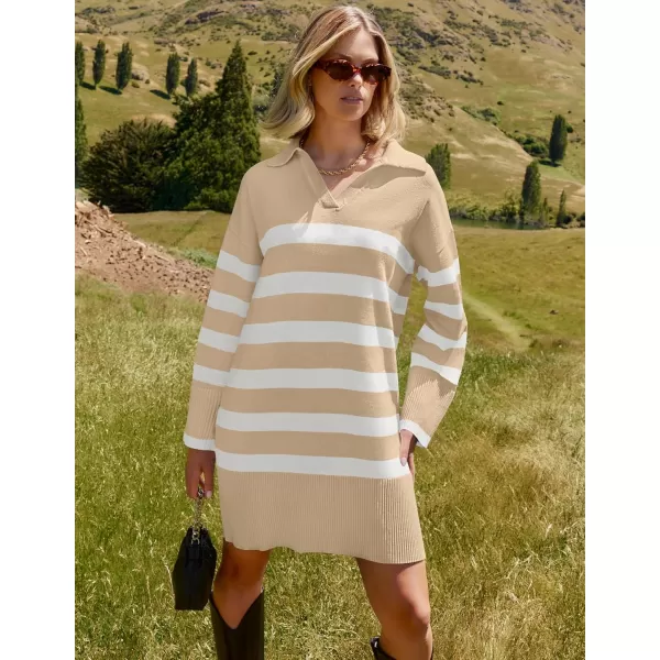 imageZESICA Womens Striped Sweater Dress 2024 Fall Long Sleeve V Neck Collar Loose Knit Mini DressesKhaki