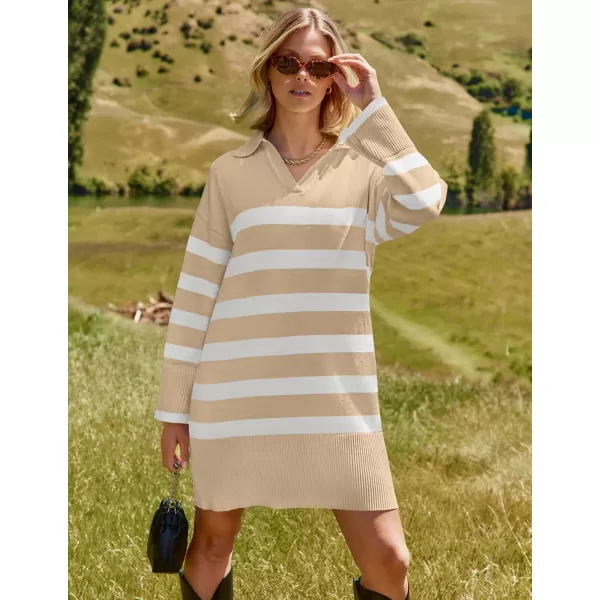 imageZESICA Womens Striped Sweater Dress 2024 Fall Long Sleeve V Neck Collar Loose Knit Mini DressesKhaki
