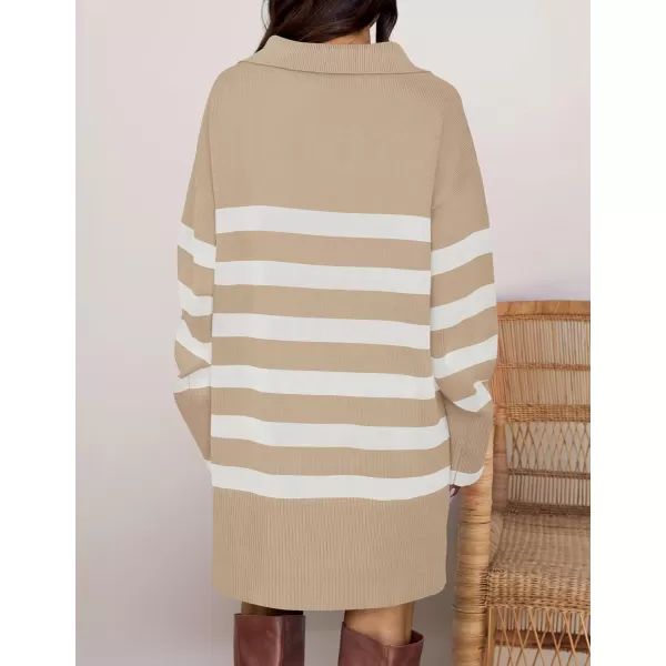 imageZESICA Womens Striped Sweater Dress 2024 Fall Long Sleeve V Neck Collar Loose Knit Mini DressesKhaki
