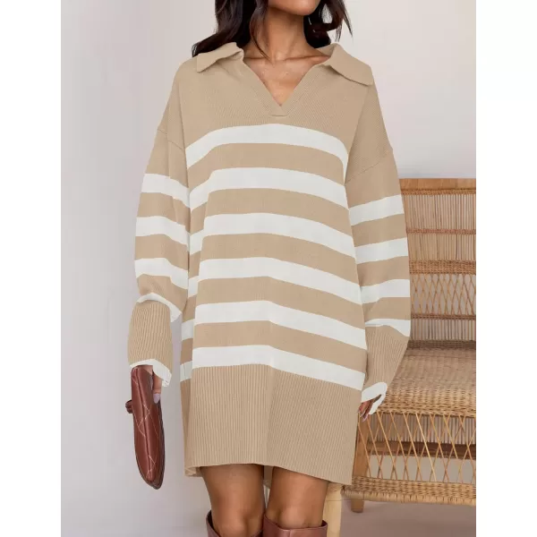 imageZESICA Womens Striped Sweater Dress 2024 Fall Long Sleeve V Neck Collar Loose Knit Mini DressesKhaki