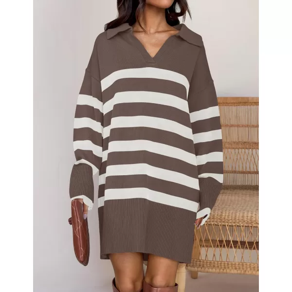 imageZESICA Womens Striped Sweater Dress 2024 Fall Long Sleeve V Neck Collar Loose Knit Mini DressesMocha