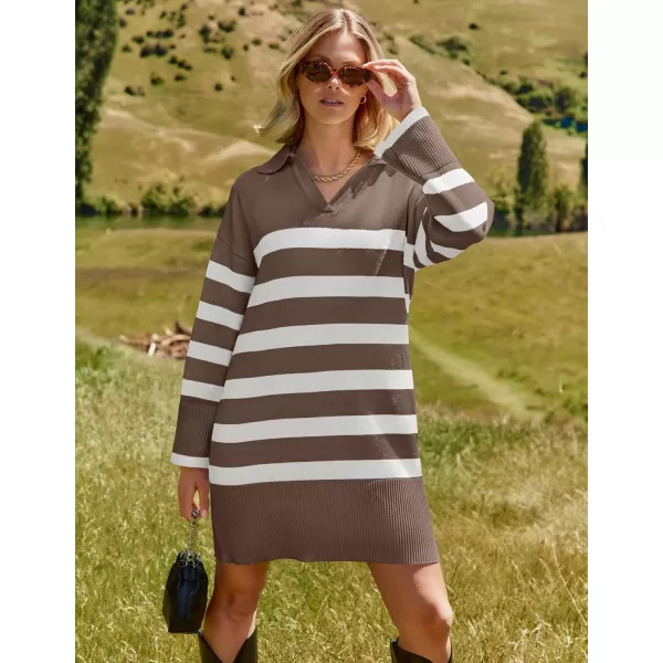 imageZESICA Womens Striped Sweater Dress 2024 Fall Long Sleeve V Neck Collar Loose Knit Mini DressesMocha