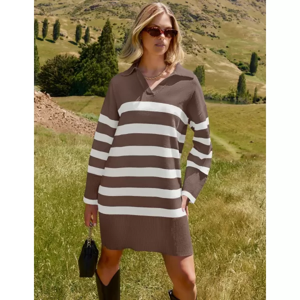 imageZESICA Womens Striped Sweater Dress 2024 Fall Long Sleeve V Neck Collar Loose Knit Mini DressesMocha