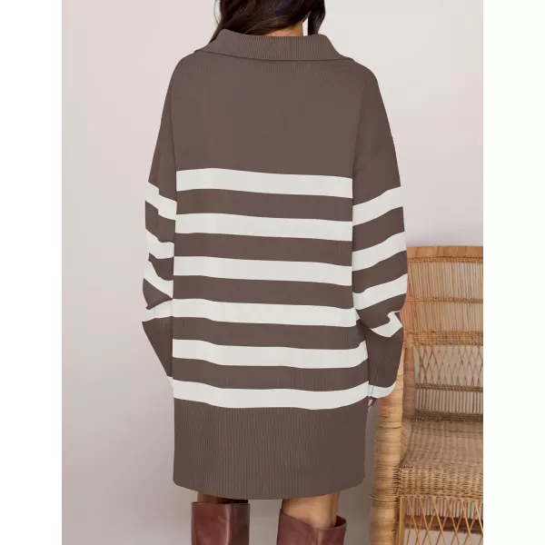 imageZESICA Womens Striped Sweater Dress 2024 Fall Long Sleeve V Neck Collar Loose Knit Mini DressesMocha