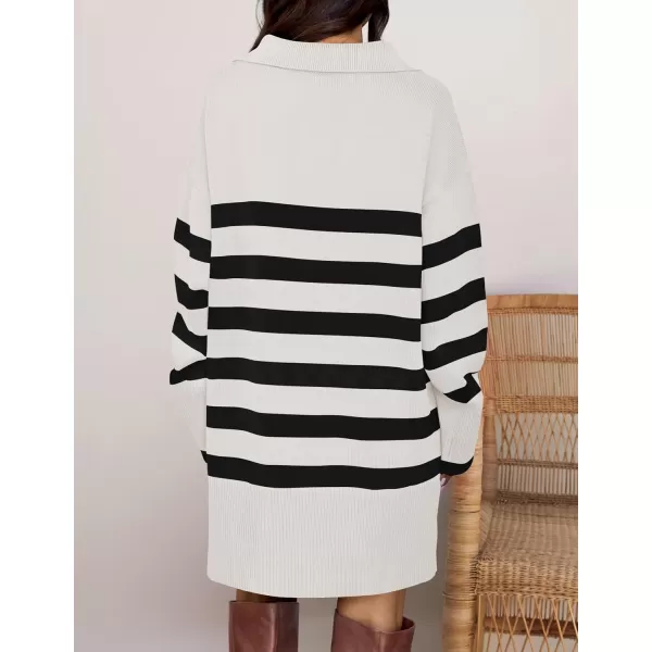 imageZESICA Womens Striped Sweater Dress 2024 Fall Long Sleeve V Neck Collar Loose Knit Mini DressesWhite