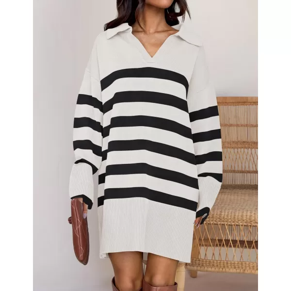 imageZESICA Womens Striped Sweater Dress 2024 Fall Long Sleeve V Neck Collar Loose Knit Mini DressesWhite