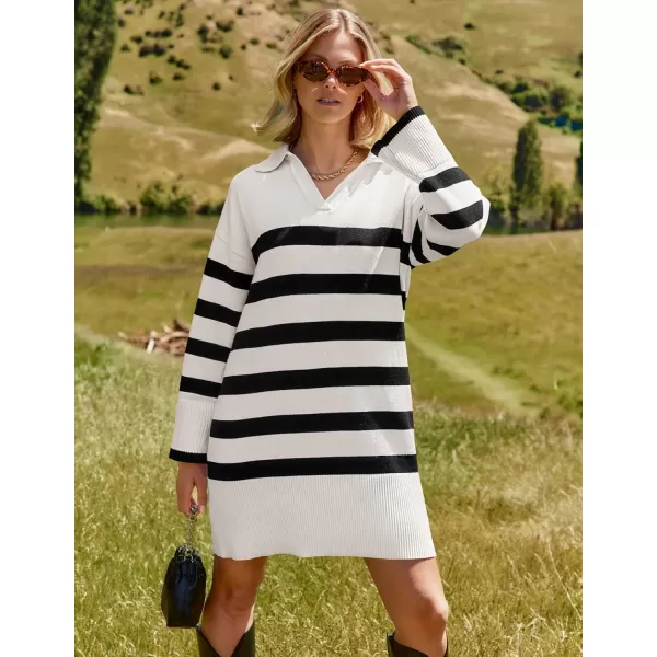 imageZESICA Womens Striped Sweater Dress 2024 Fall Long Sleeve V Neck Collar Loose Knit Mini DressesWhite