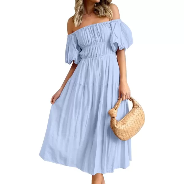 imageZESICA Womens 2024 Sexy Boho Off Shoulder Puff Short Sleeve High Waist Ruffled Flowy A Line Beach Party Midi DressBlue