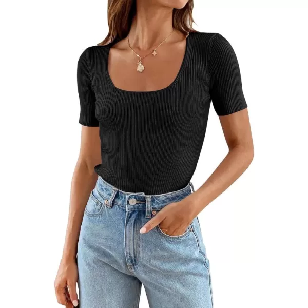 imageZESICA Womens 2024 Short Sleeve Square Neck T Shirts Slim Fitted Summer Ribbed Knit Basic Casual Tee TopsBlack