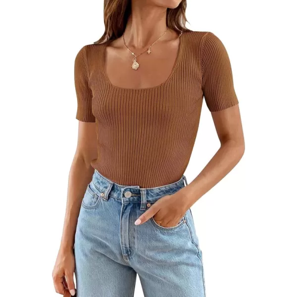 imageZESICA Womens 2024 Short Sleeve Square Neck T Shirts Slim Fitted Summer Ribbed Knit Basic Casual Tee TopsBrown
