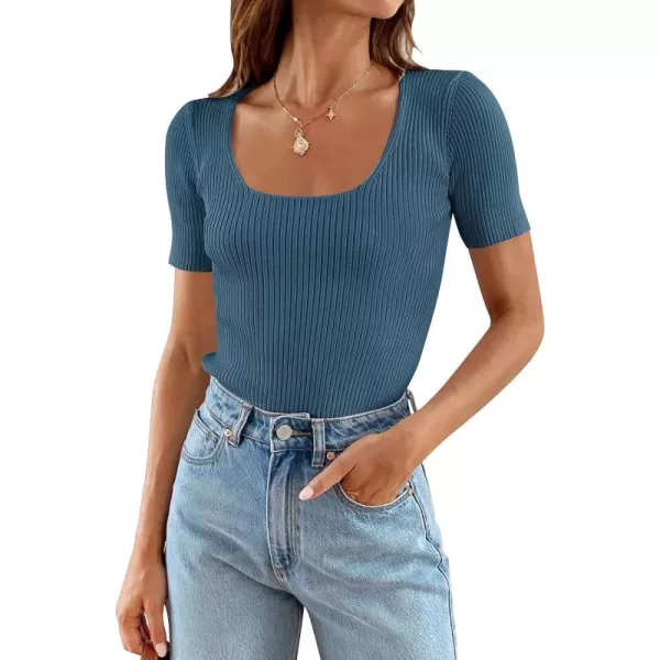 imageZESICA Womens 2024 Short Sleeve Square Neck T Shirts Slim Fitted Summer Ribbed Knit Basic Casual Tee TopsDarkblue
