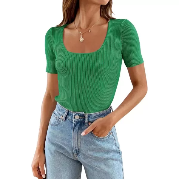 imageZESICA Womens 2024 Short Sleeve Square Neck T Shirts Slim Fitted Summer Ribbed Knit Basic Casual Tee TopsGreen