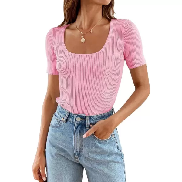 imageZESICA Womens 2024 Short Sleeve Square Neck T Shirts Slim Fitted Summer Ribbed Knit Basic Casual Tee TopsHotpink