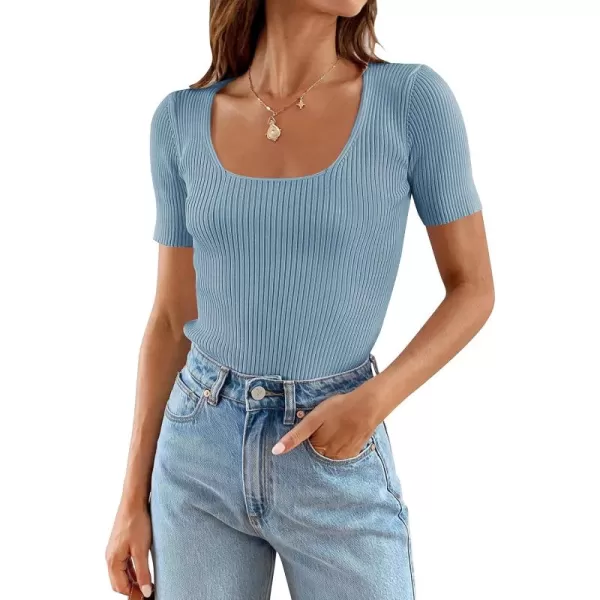 imageZESICA Womens 2024 Short Sleeve Square Neck T Shirts Slim Fitted Summer Ribbed Knit Basic Casual Tee TopsLightblue