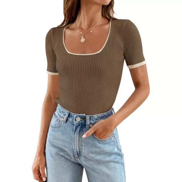 imageZESICA Womens 2024 Short Sleeve Square Neck T Shirts Slim Fitted Summer Ribbed Knit Basic Casual Tee TopsMocha